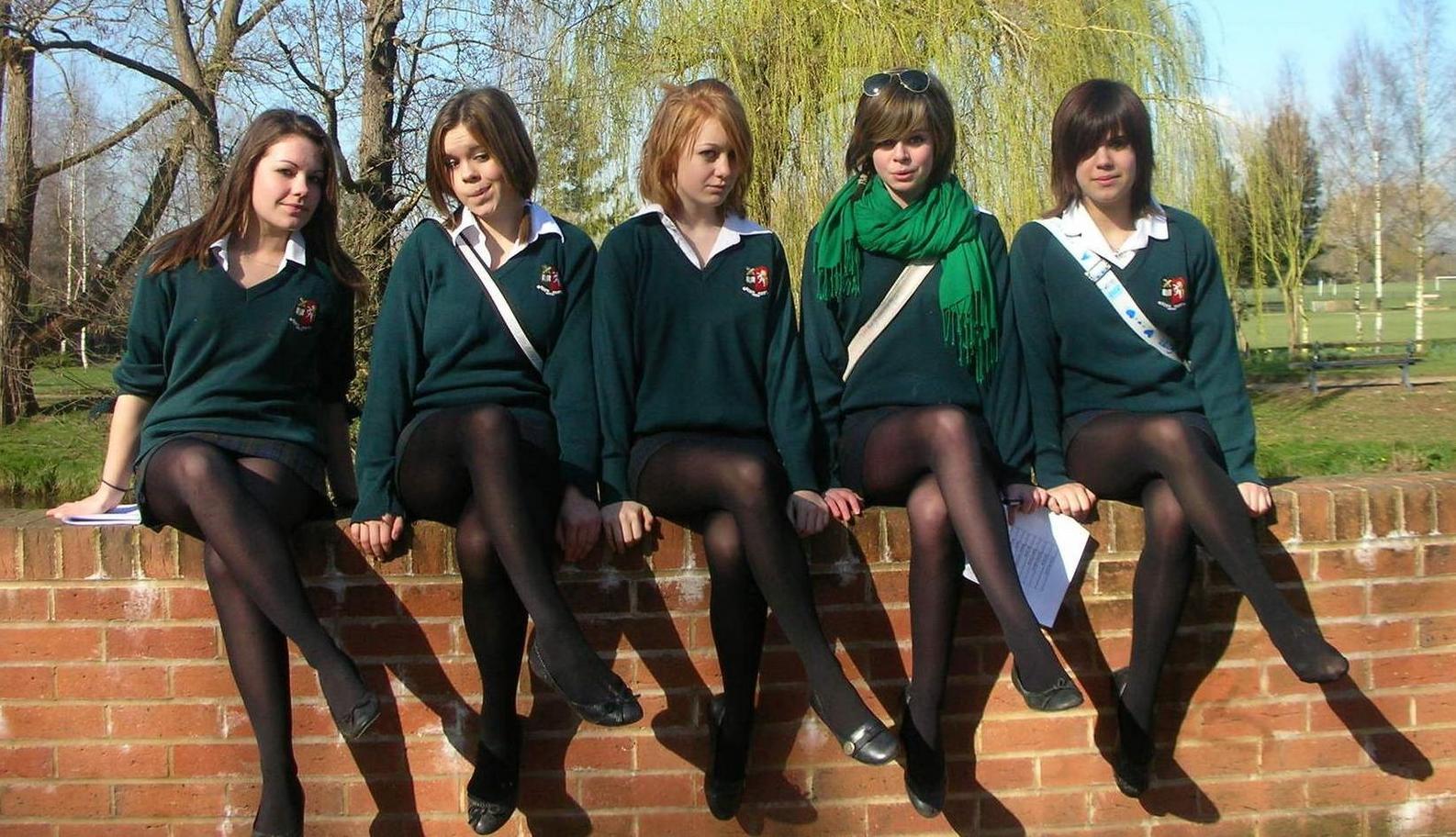 Five Schoolgirls wearing Black Opaque Pantyhose and Tartan Miniskirts